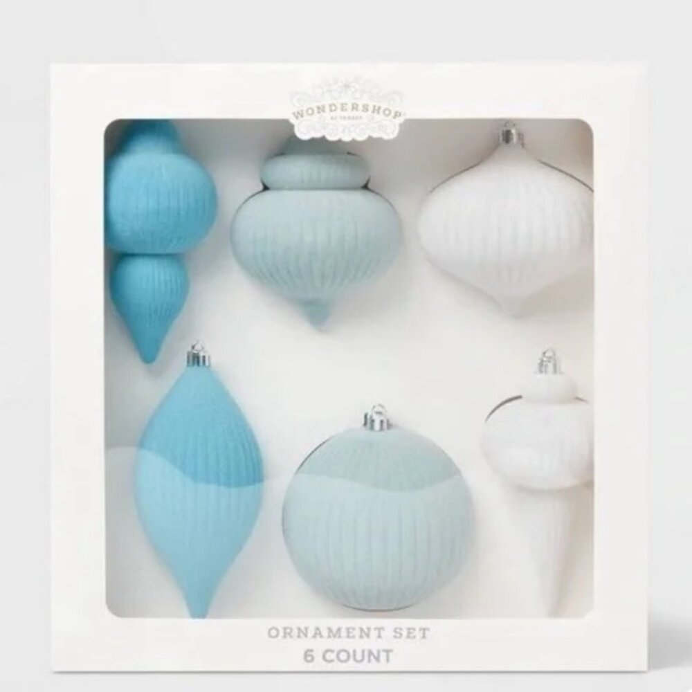 🆕 NIB Wondershop Blue & White Flocked Finial Ornaments (6pc)